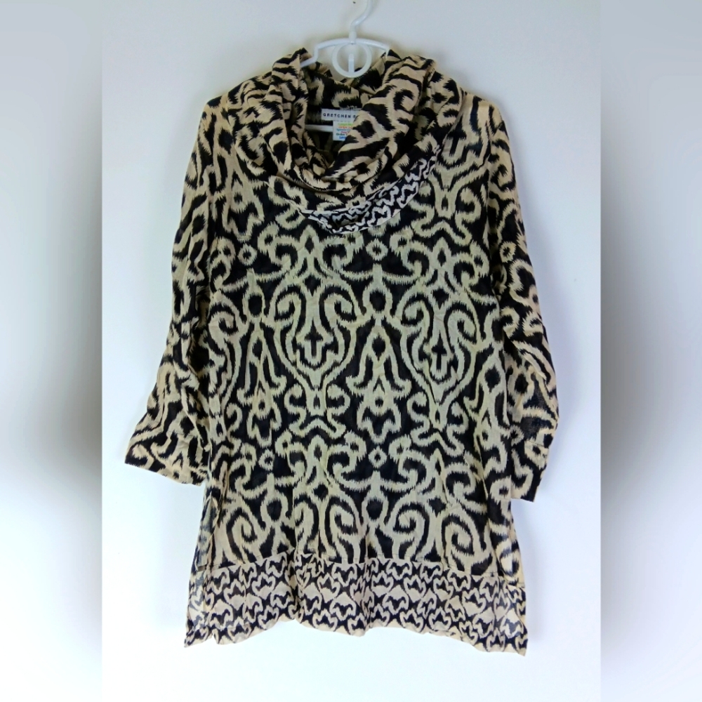 Gretchen Scott- Black & Cream Damask Ikat Cowl Neck Tunic Top